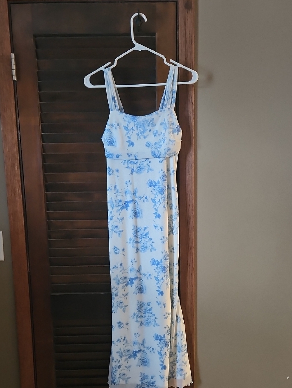 SHEIN White Maxi Dress with Blue Floral Print and Straps